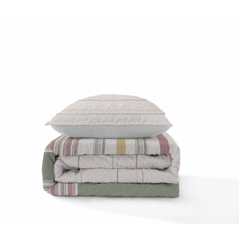 CONJUNTO COLCHA BOUTI ESTAMPADO DE RAYAS Y FUNDAS DE COJÍN (verde, Cama 090:180x270)