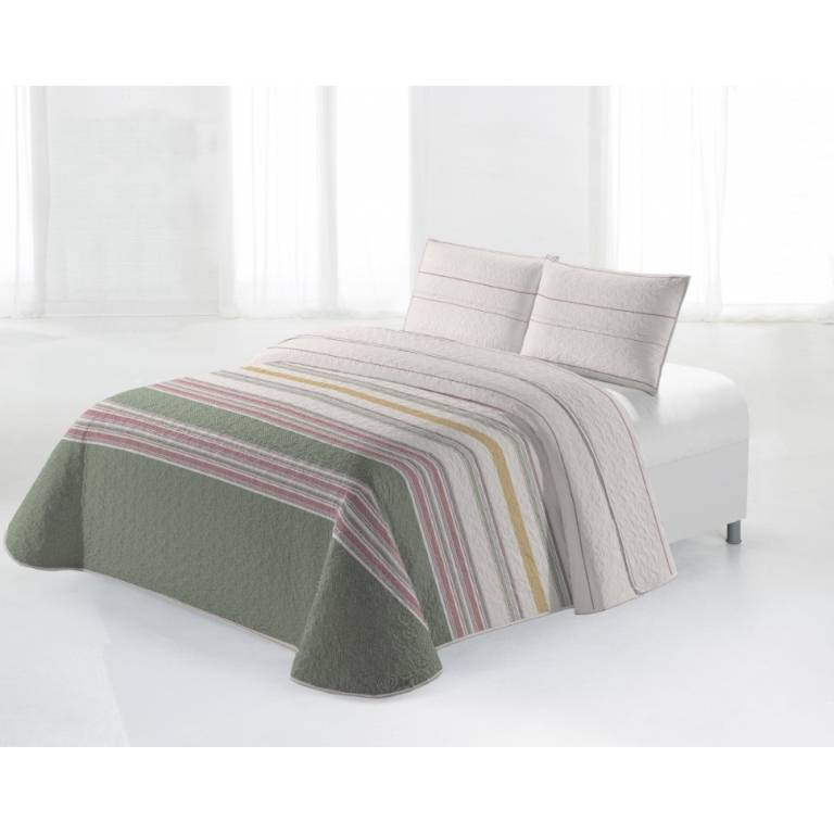 CONJUNTO COLCHA BOUTI ESTAMPADO DE RAYAS Y FUNDAS DE COJÍN (verde, Cama 090:180x270)