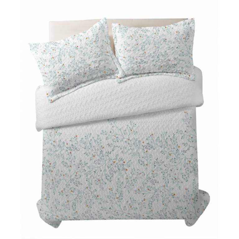 CONJUNTO COLCHA BOUTI ESTAMPADO FLORES Y FUNDAS DE COJÍN (azul, Cama 180:280x270)