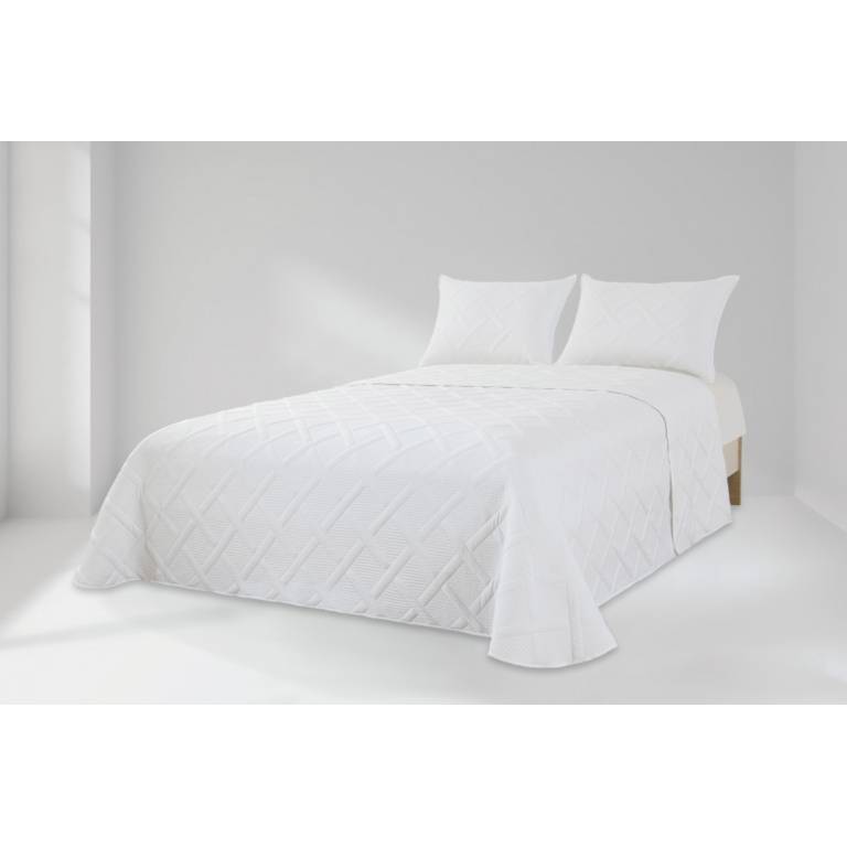 CONJUNTO COLCHA BORDADA A CUADROS TACTO SUAVE Y FUNDAS DE COJÍN (blanco, Cama 150:250x270)