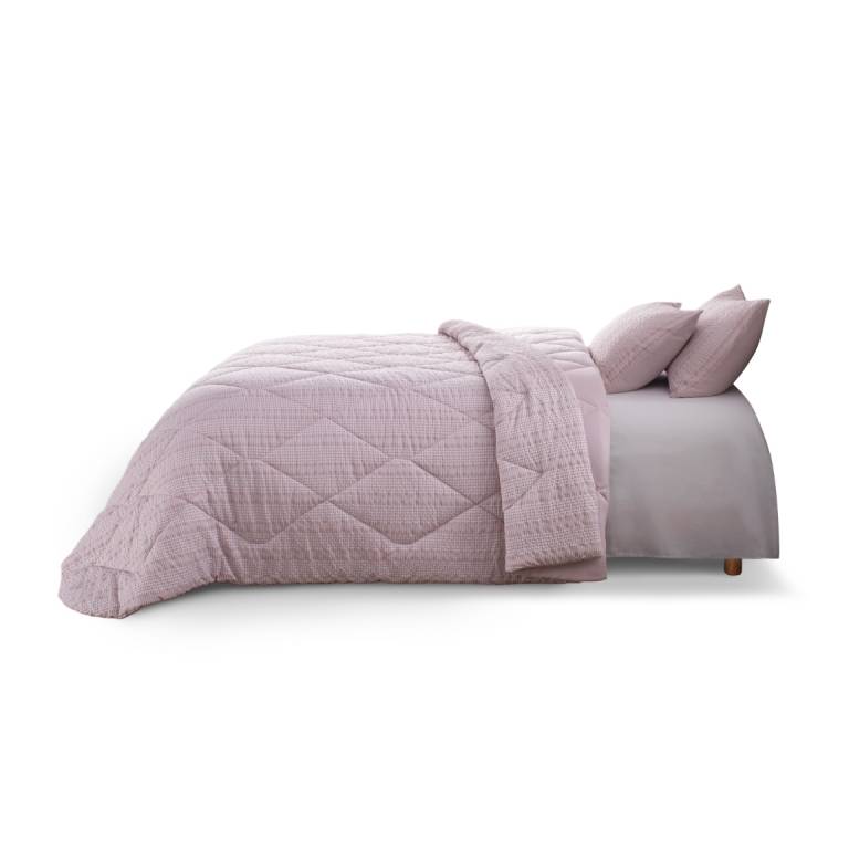 CONJUNTO COLCHA CUADRITOS TACTO SUAVE Y FUNDAS DE COJÍN rosa