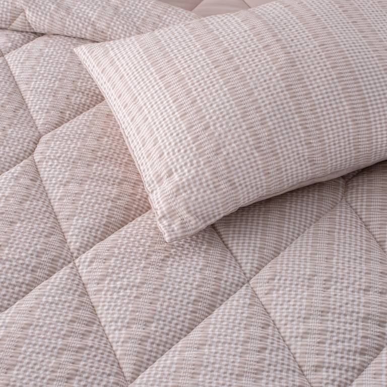 CONJUNTO COLCHA CUADRITOS TACTO SUAVE Y FUNDAS DE COJÍN (beige, Cama 090:180x270)