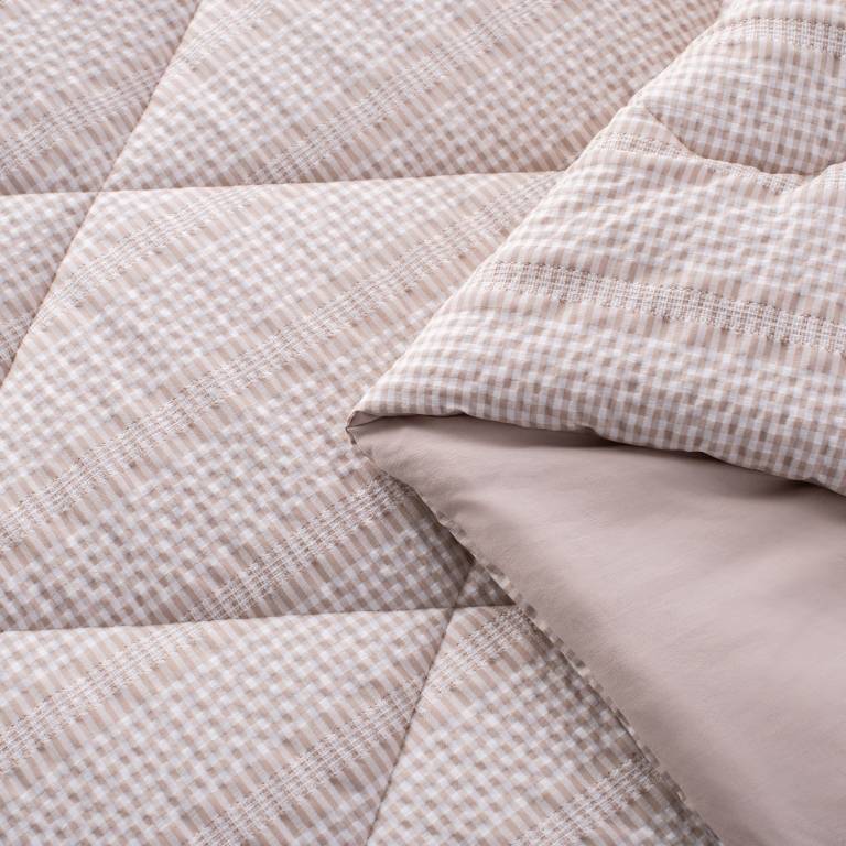 CONJUNTO COLCHA CUADRITOS TACTO SUAVE Y FUNDAS DE COJÍN (beige, Cama 090:180x270)