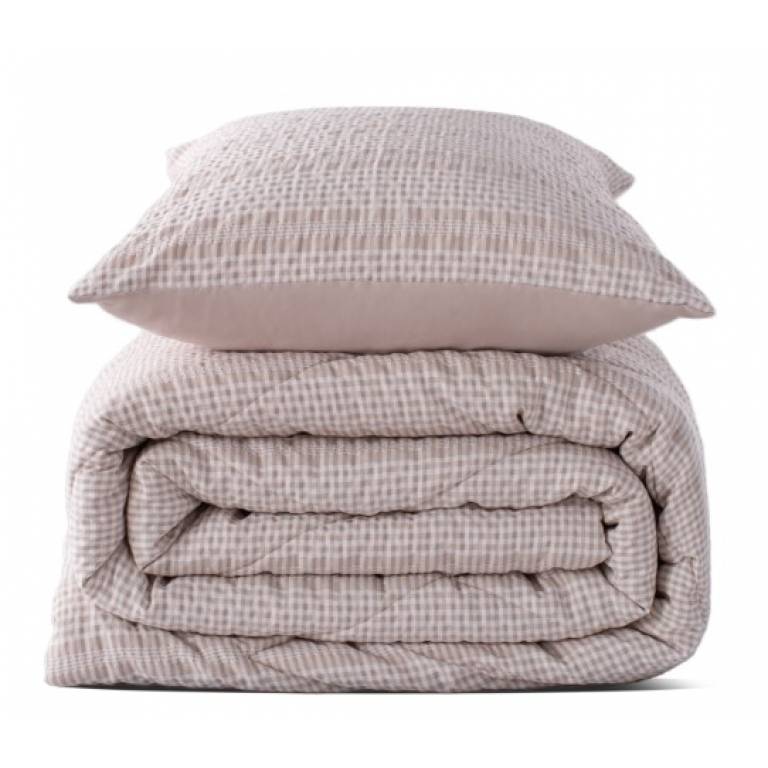 CONJUNTO COLCHA CUADRITOS TACTO SUAVE Y FUNDAS DE COJÍN (beige, Cama 090:180x270)