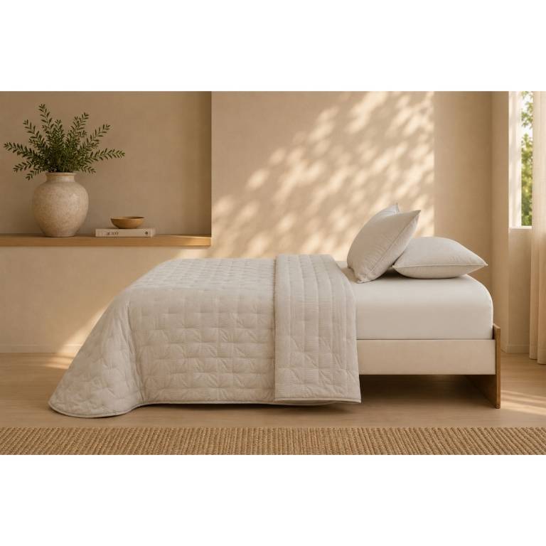 EDREDÓN BORDADO TOPITOS HILO TINTADO TACTO SUAVE (beige, Cama 105:200x270)