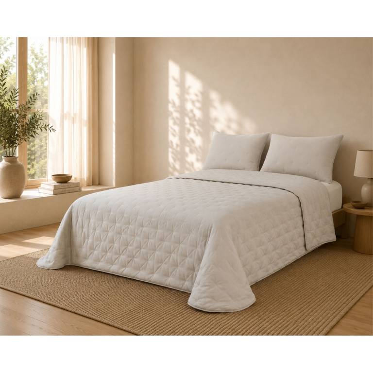 EDREDÓN BORDADO TOPITOS HILO TINTADO TACTO SUAVE (beige, Cama 105:200x270)