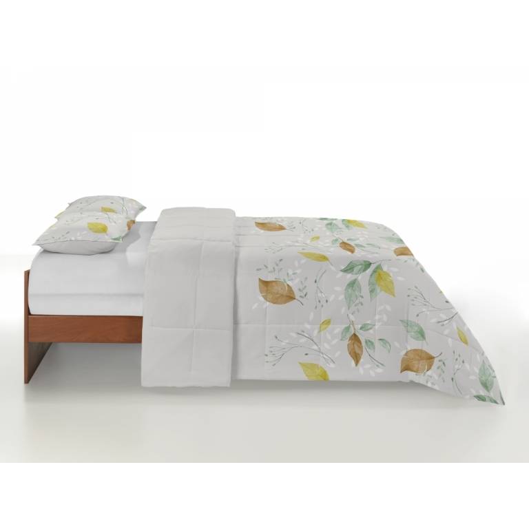 CONJUNTO EDREDON ESTAMPADO HOJAS oro