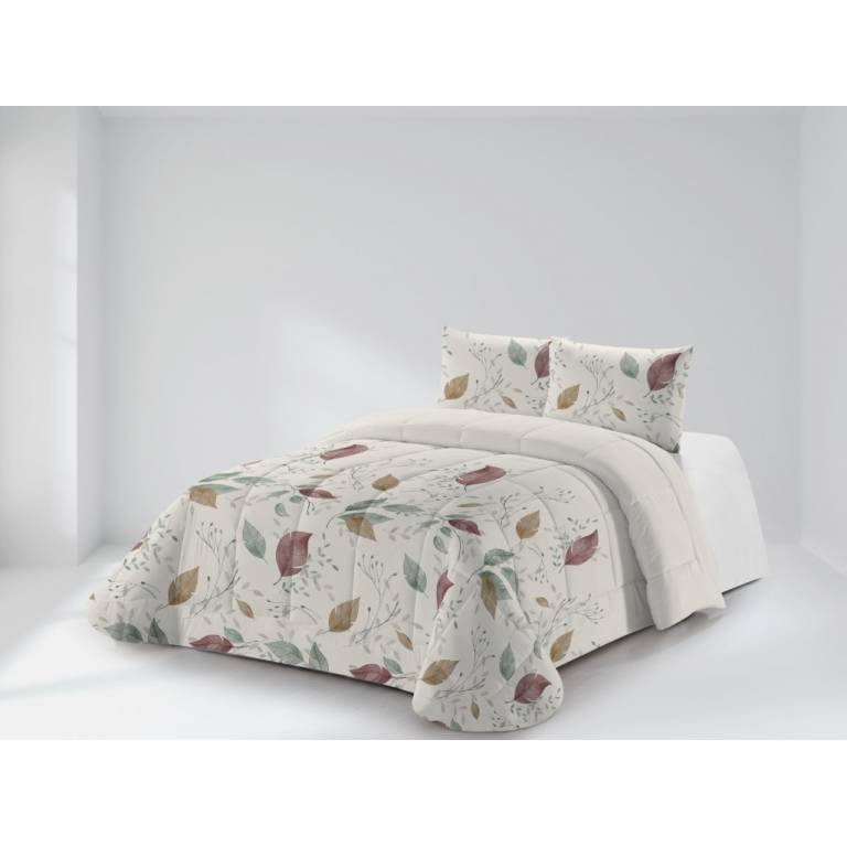 CONJUNTO EDREDON ESTAMPADO HOJAS (granate, Cama 135:235x270)
