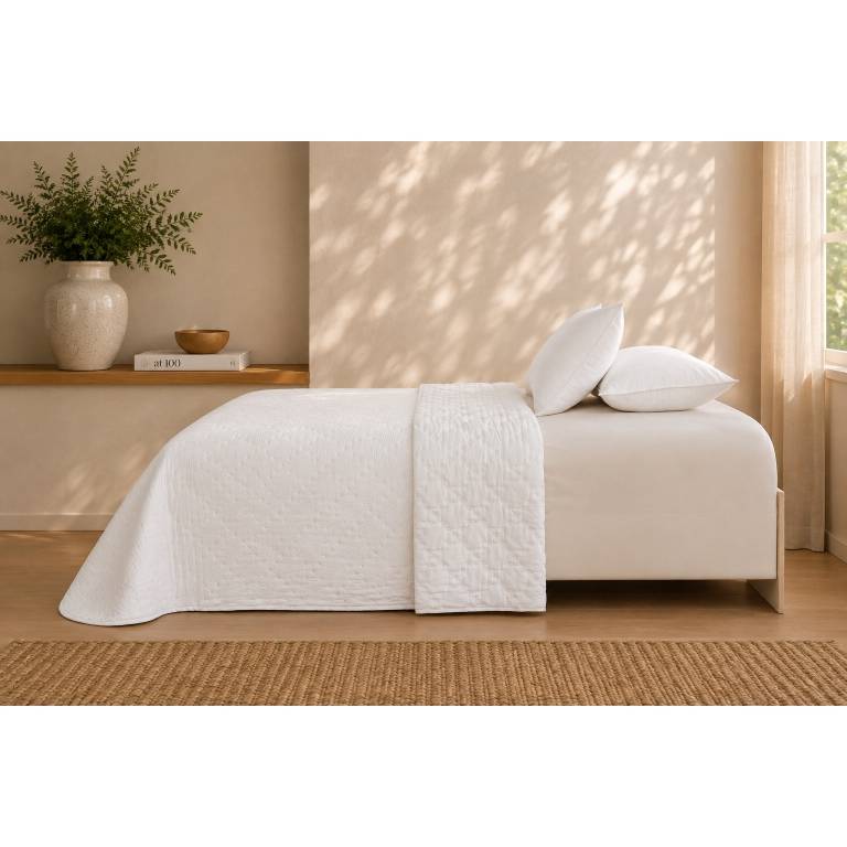 CONJUNTO COLCHA TACTO SUAVE Y FUNDAS DE COJÍN (blanco, Cama 090:180x270)