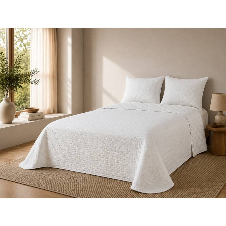 CONJUNTO COLCHA TACTO SUAVE Y FUNDAS DE COJÍN (blanco, Cama 090:180x270)