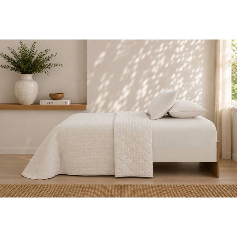 CONJUNTO COLCHA TACTO SUAVE Y FUNDAS DE COJÍN (natural, Cama 090:180x270)