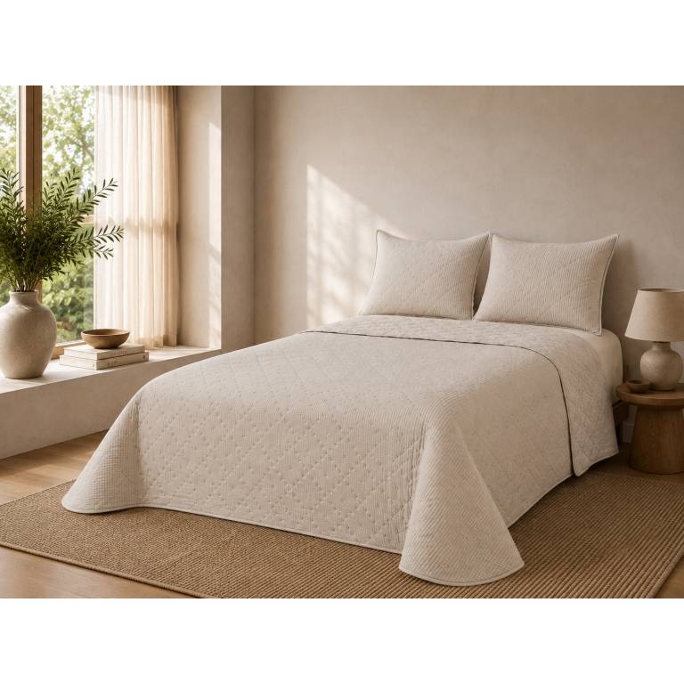 CONJUNTO COLCHA TACTO SUAVE Y FUNDAS DE COJÍN (natural, Cama 090:180x270)