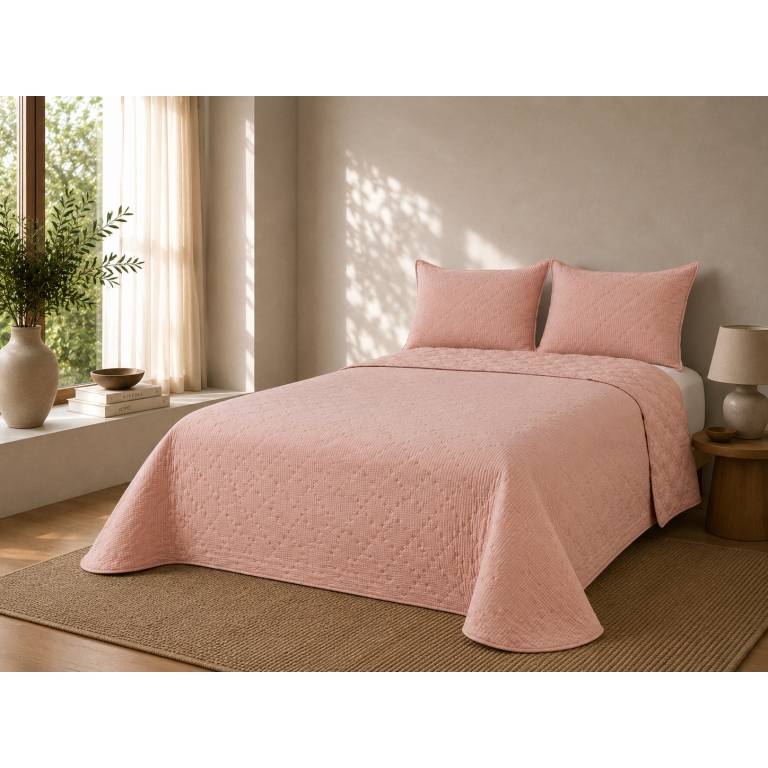 CONJUNTO COLCHA TACTO SUAVE Y FUNDAS DE COJÍN (rosa, Cama 090:180x270)
