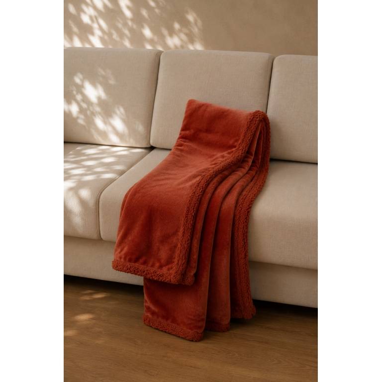MANTA DE SOFÁ EXTRA SUAVE CON BORREGUILLO (teja, 140x200)