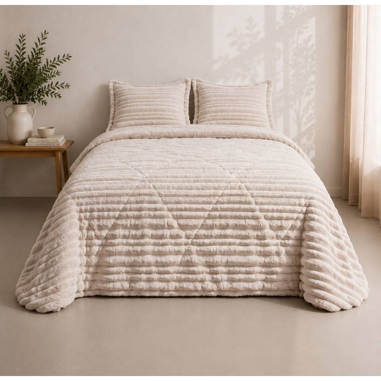 EDREDÓN JACQUARD CORALINA SHERPA CON FUNDAS DE COJÍN (beige, Cama 090:180x270)