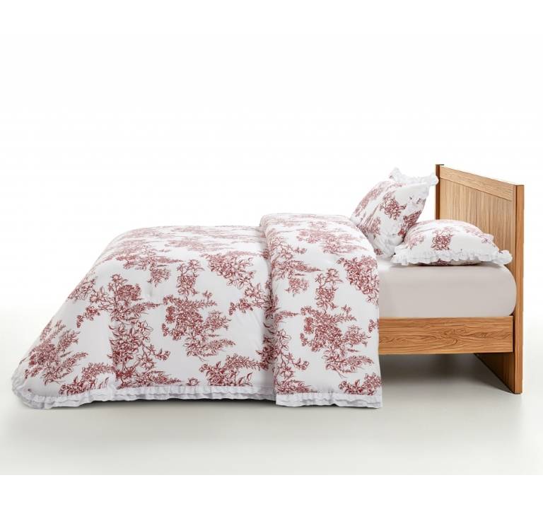 CONJUNTO EDREDON ESTAMPADO FLORAL CON VOLANTE