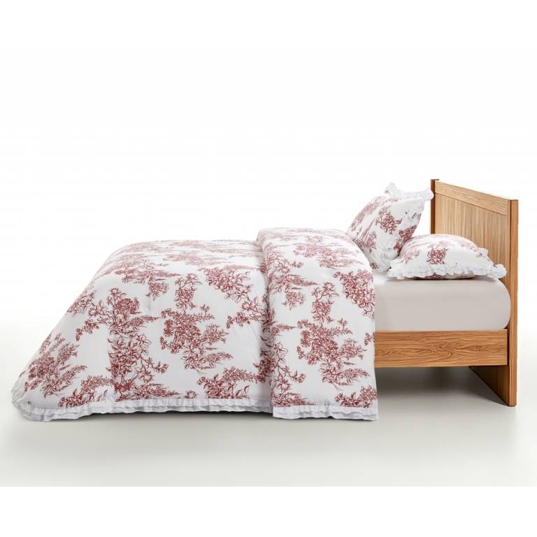 CONJUNTO EDREDON ESTAMPADO FLORAL CON VOLANTE (burdeos, Cama 105:200x270)