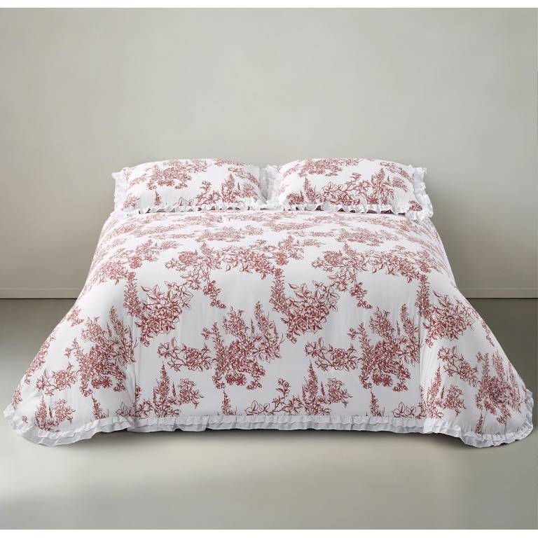 CONJUNTO EDREDON ESTAMPADO FLORAL CON VOLANTE (burdeos, Cama 105:200x270)