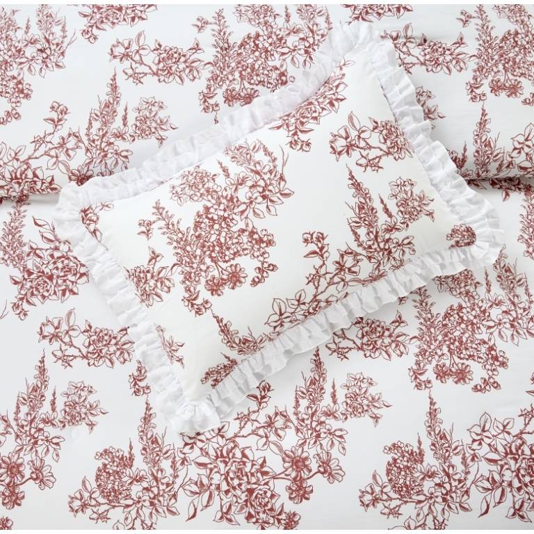 CONJUNTO EDREDON ESTAMPADO FLORAL CON VOLANTE (burdeos, Cama 105:200x270)