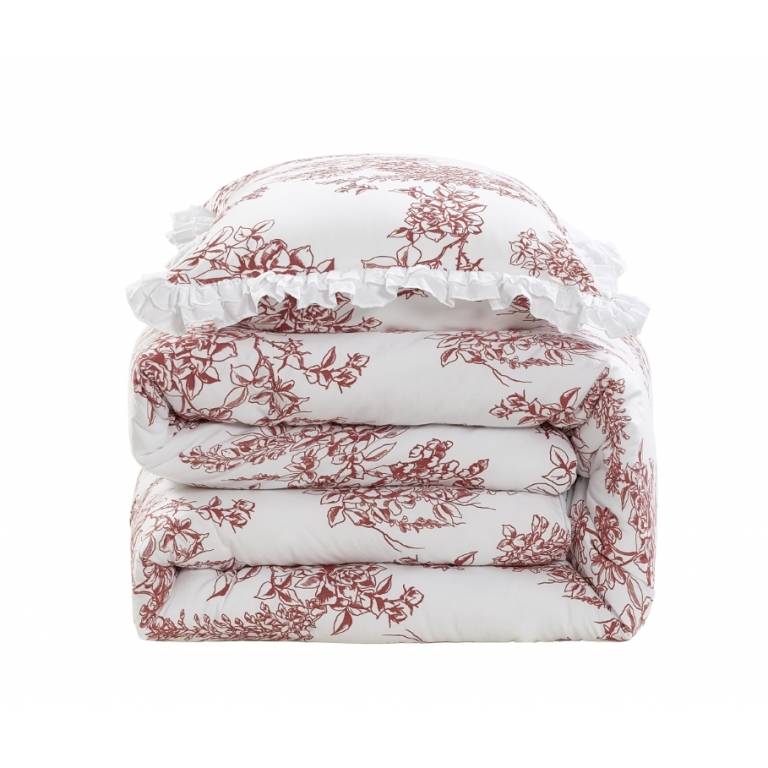 CONJUNTO EDREDON ESTAMPADO FLORAL CON VOLANTE (burdeos, Cama 105:200x270)