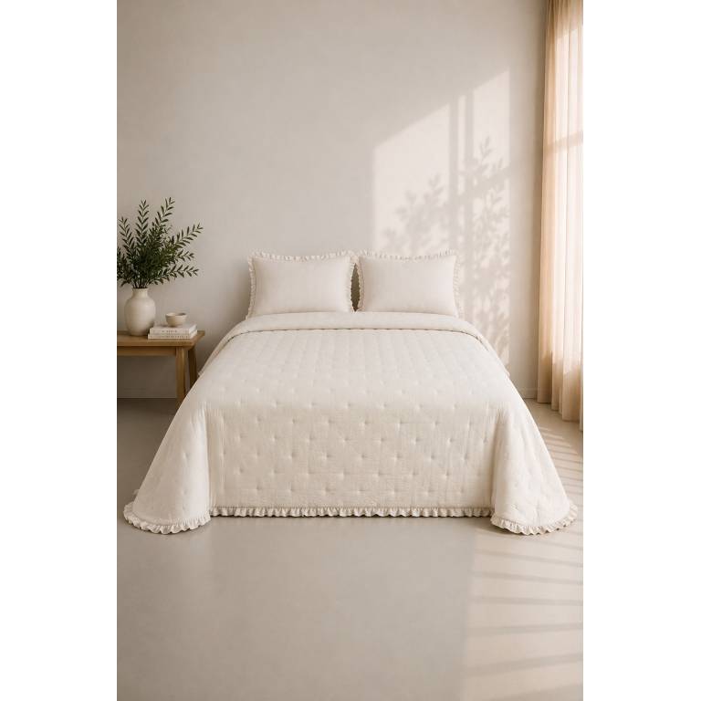 COLCHA BORDADA CON VOLANTE Y FUNDAS DE COJÍN (natural, Cama 105:200x270)