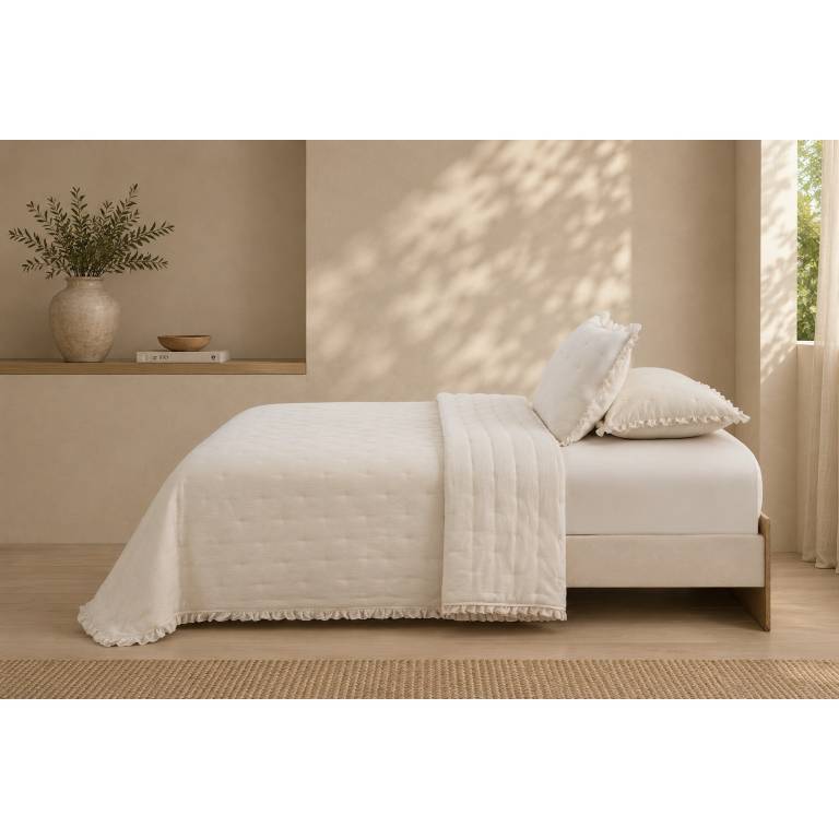 COLCHA BORDADA CON VOLANTE Y FUNDAS DE COJÍN (natural, Cama 105:200x270)