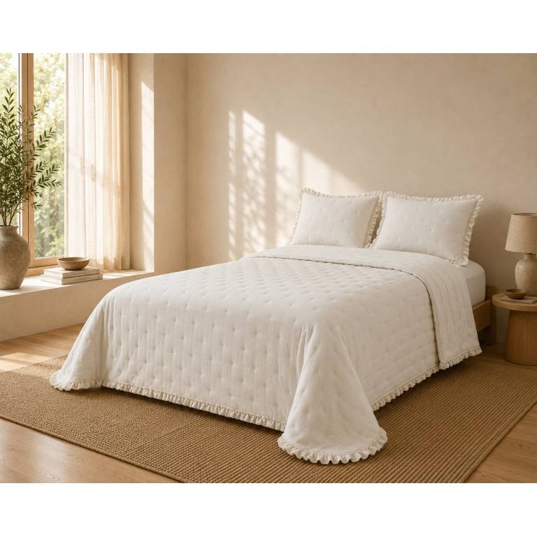 COLCHA BORDADA CON VOLANTE Y FUNDAS DE COJÍN (natural, Cama 105:200x270)