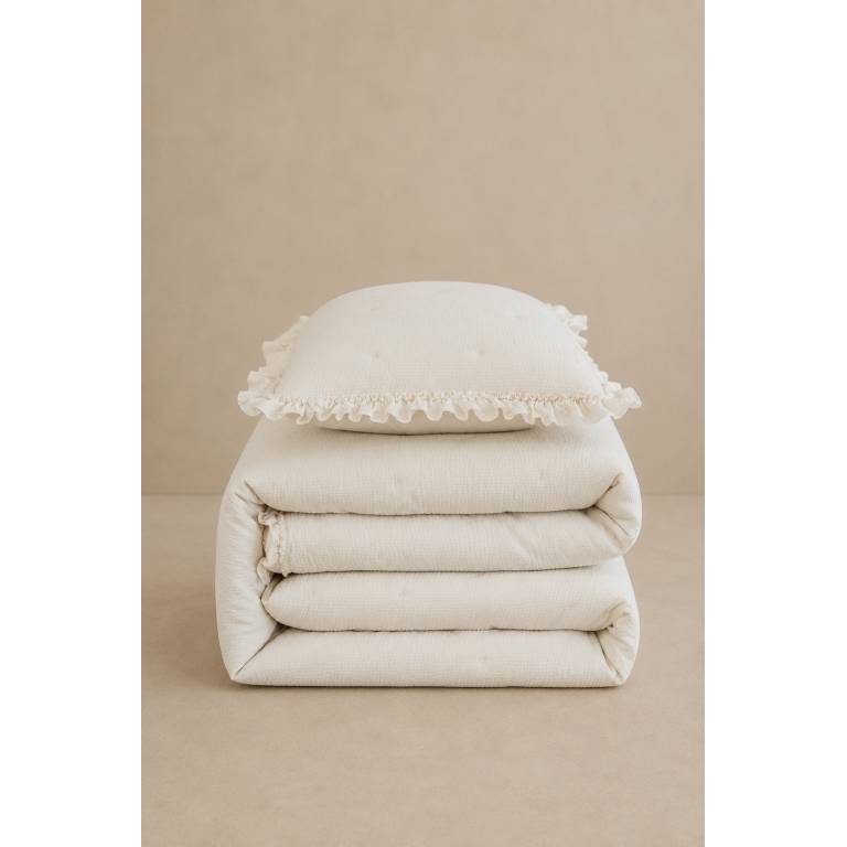 COLCHA BORDADA CON VOLANTE Y FUNDAS DE COJÍN (natural, Cama 105:200x270)