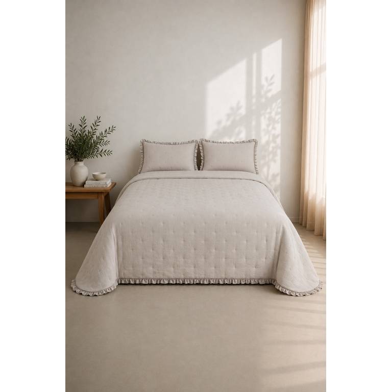 COLCHA BORDADA CON VOLANTE Y FUNDAS DE COJÍN (beige, Cama 200:300x270)