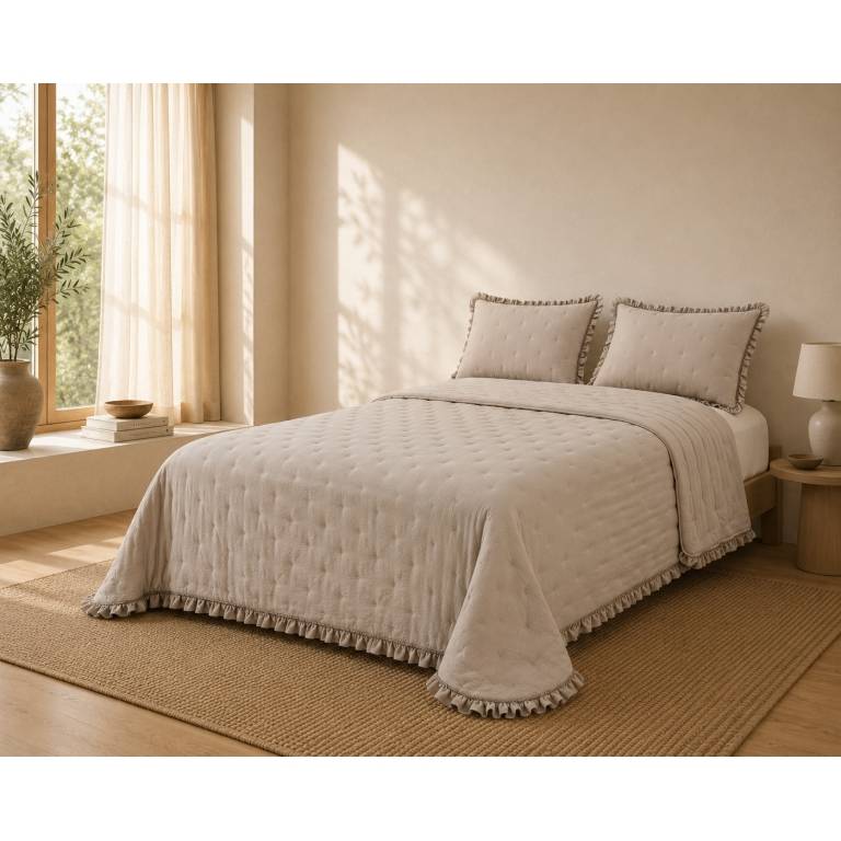 COLCHA BORDADA CON VOLANTE Y FUNDAS DE COJÍN (beige, Cama 200:300x270)