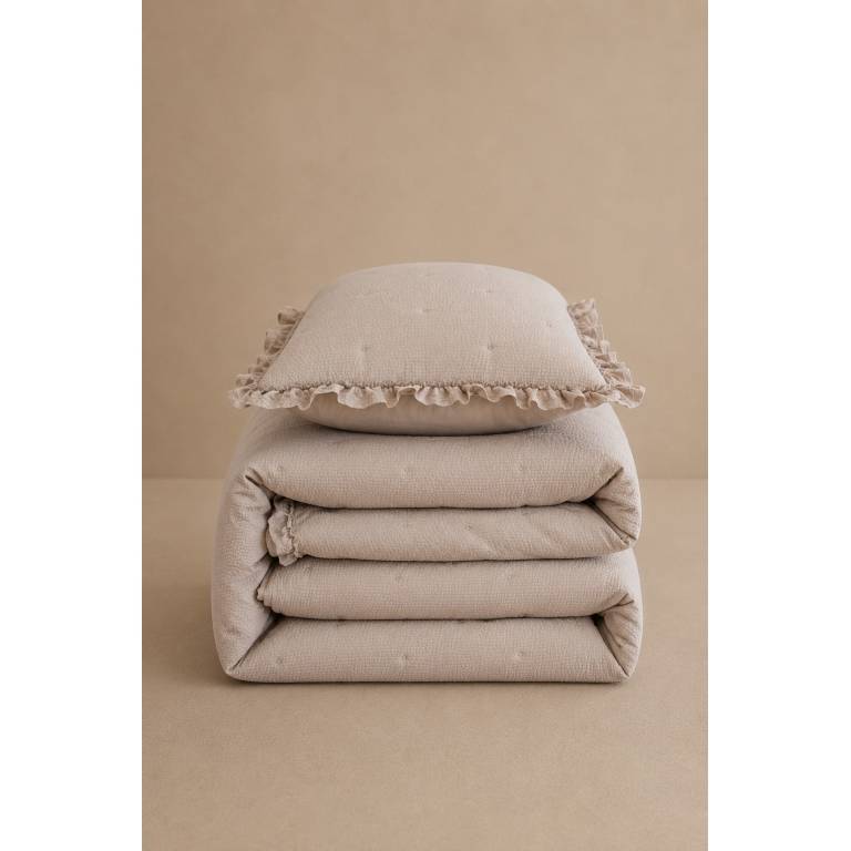 COLCHA BORDADA CON VOLANTE Y FUNDAS DE COJÍN (beige, Cama 200:300x270)