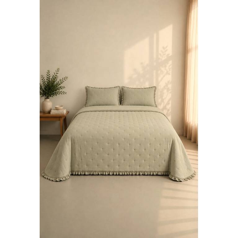 COLCHA BORDADA CON VOLANTE Y FUNDAS DE COJÍN (verde, Cama 090:180x270)