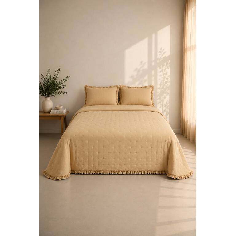 COLCHA BORDADA CON VOLANTE Y FUNDAS DE COJÍN (amarillo, Cama 150:250x270)