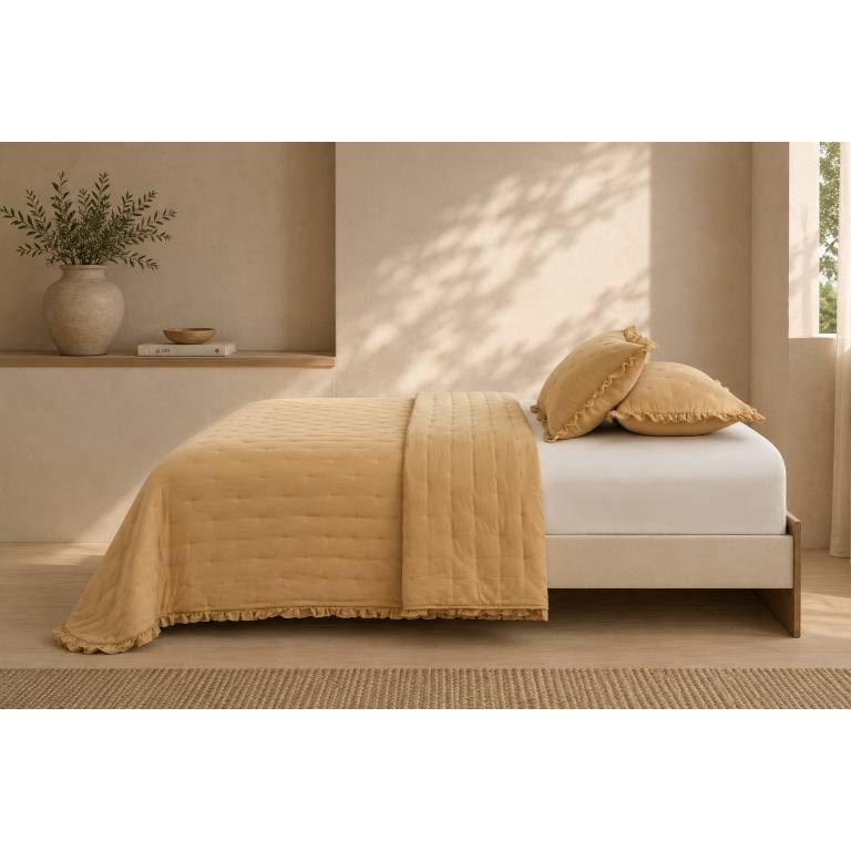 COLCHA BORDADA CON VOLANTE Y FUNDAS DE COJÍN (amarillo, Cama 150:250x270)