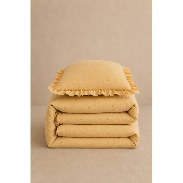 COLCHA BORDADA CON VOLANTE Y FUNDAS DE COJÍN (amarillo, Cama 150:250x270)