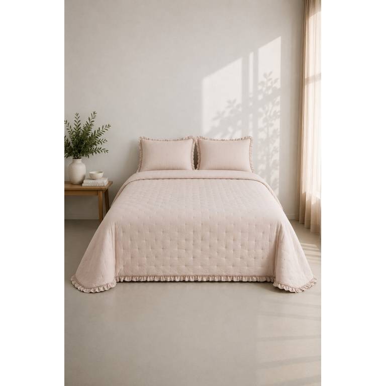 COLCHA BORDADA CON VOLANTE Y FUNDAS DE COJÍN (rosa, Cama 180:280x270)