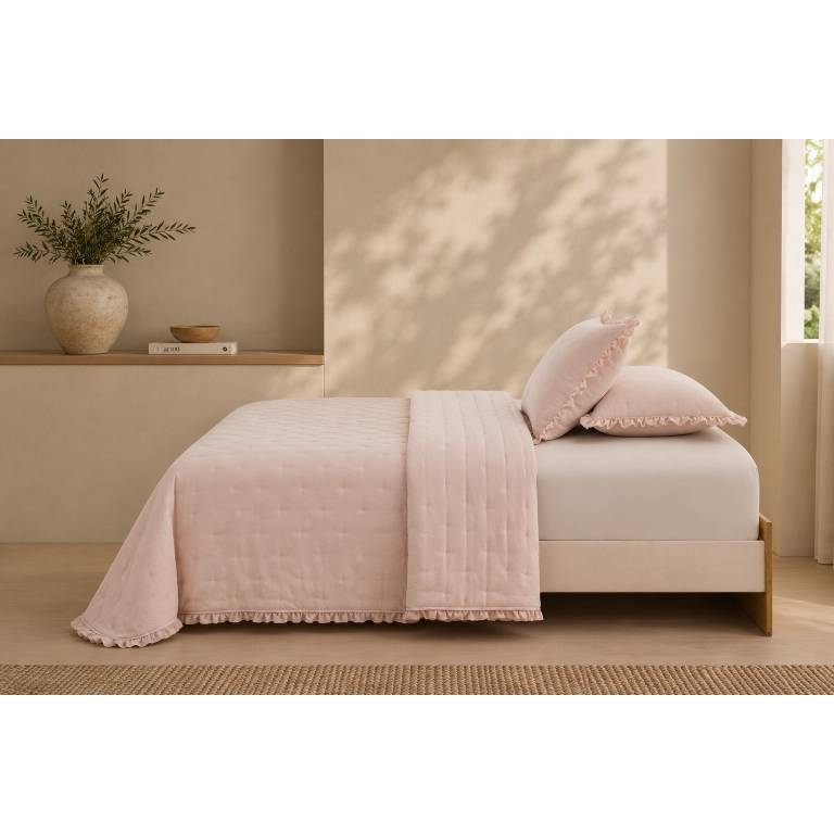 COLCHA BORDADA CON VOLANTE Y FUNDAS DE COJÍN (rosa, Cama 180:280x270)