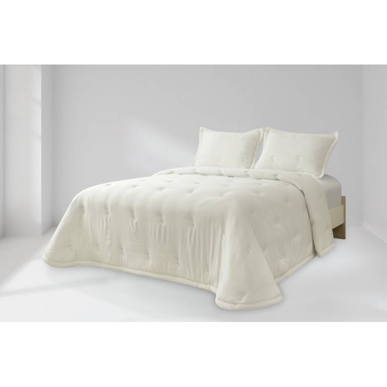 CONJUNTO EDREDÓN BORDADO HOJAS Y FUNDAS DE COJÍN (natural, Cama 090:180x270)