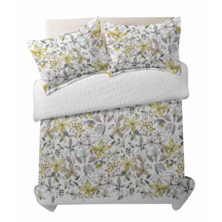CONJUNTO COLCHA BOUTI ESTAMPADO DE FLORES Y FUNDAS DE COJÍN (amarillo, Cama 150:250x270)