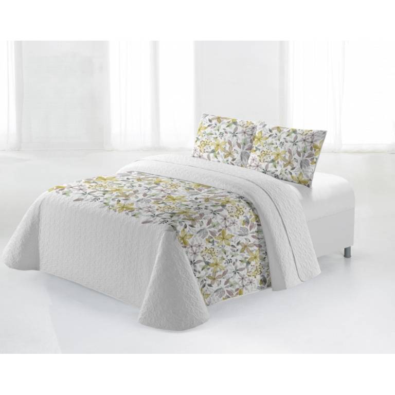 CONJUNTO COLCHA BOUTI ESTAMPADO DE FLORES Y FUNDAS DE COJÍN (amarillo, Cama 150:250x270)