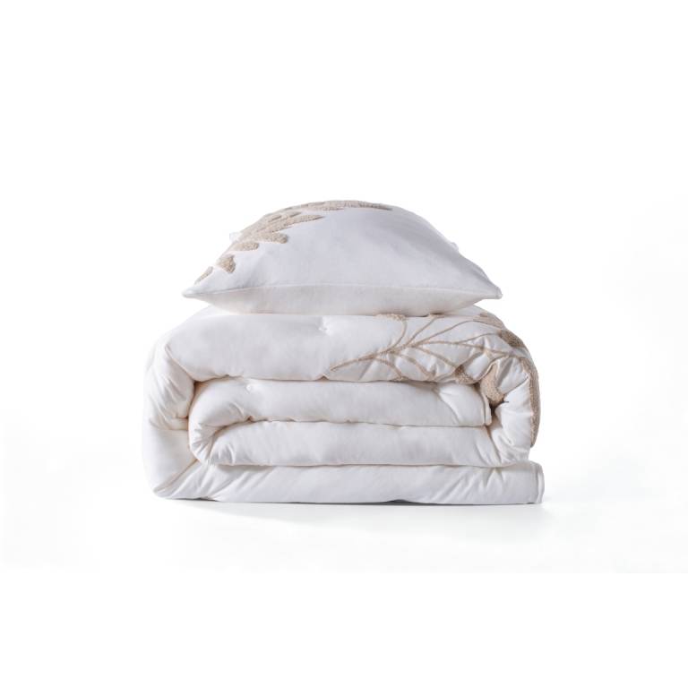 CONJUNTO EDREDÓN BORDADO DE RAMAS BORDADAS EN RELIEVE (natural, Cama 200:300x270)