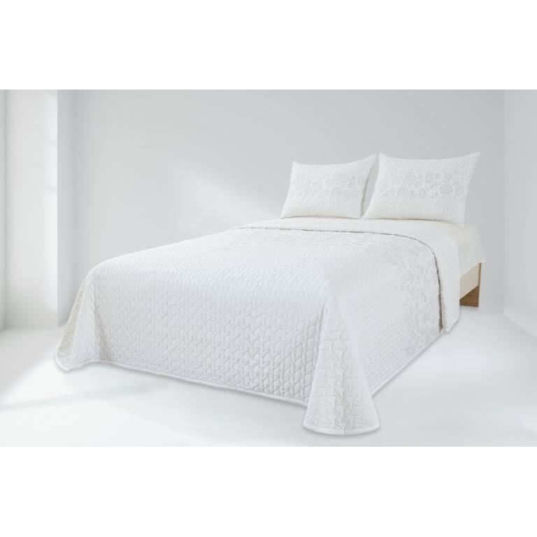 CONJUNTO COLCHA BORDADA FLORES TACTO SUAVE Y FUNDAS DE COJÍN (blanco, Cama 150:250x270)