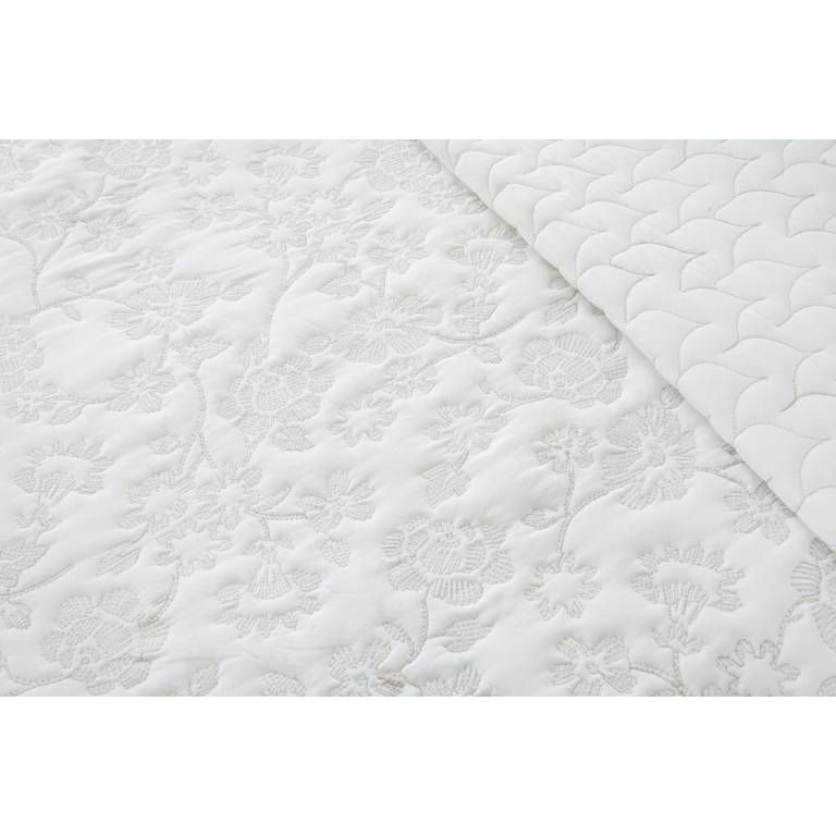 CONJUNTO COLCHA BORDADA FLORES TACTO SUAVE Y FUNDAS DE COJÍN (blanco, Cama 150:250x270)